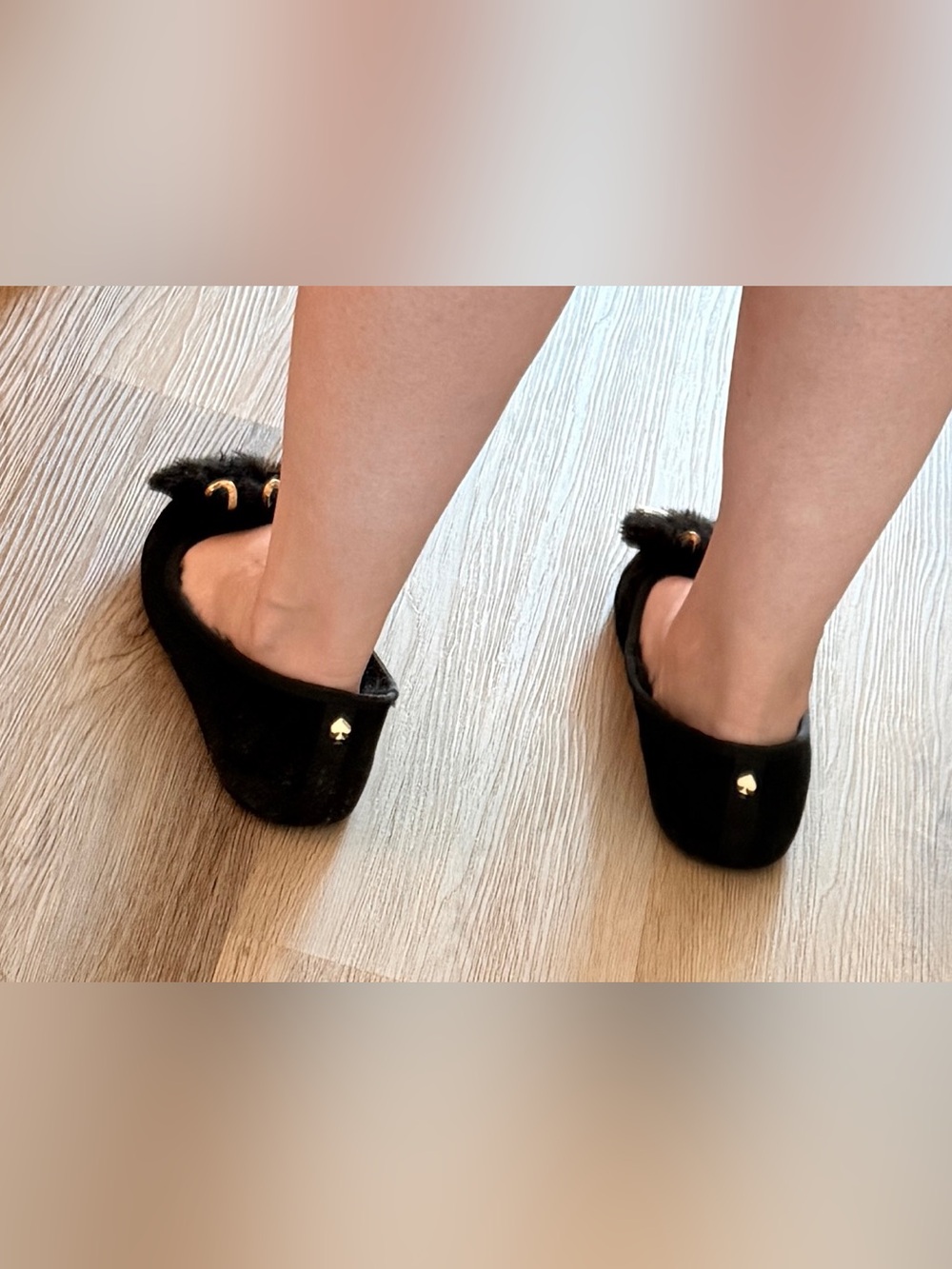 Kate Spade, Black Fuzzy Cat Face Slippers with Gold Accents, Black/Gold, 9 - Picture 11 of 13